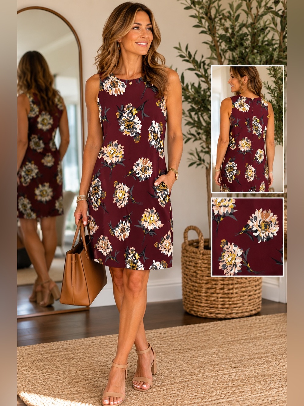 Women's Ann Taylor Dress Burgundy Floral Sleeveless - Size 6 Wedding Guest Dress